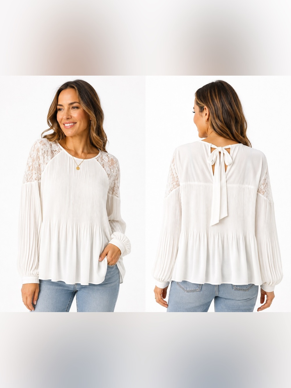 Adrianna Papell White Lace Pleated Long Sleeve Blouse Women’s XL
